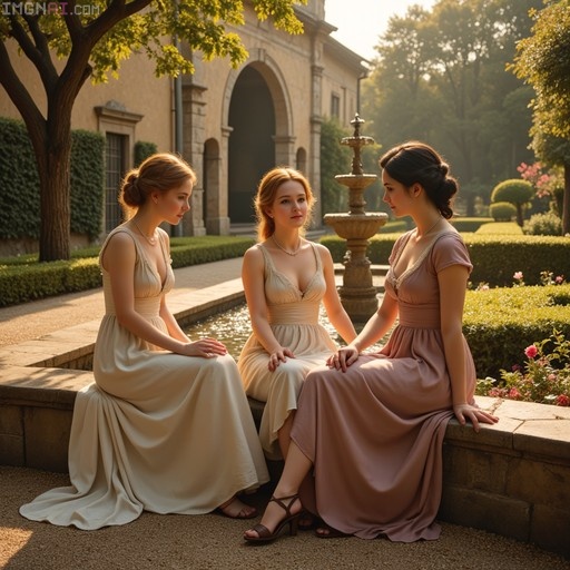Three women in long dresses sit on a stone wall near a fountain in a sunlit garden.