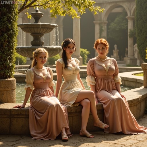 Three women in elegant 18th-century gowns sit on a stone ledge beside a tiered fountain in a sunlit garden.