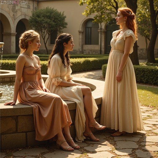 Three women in late 18th-century dresses sitting and standing by a stone fountain in a sunlit garden.