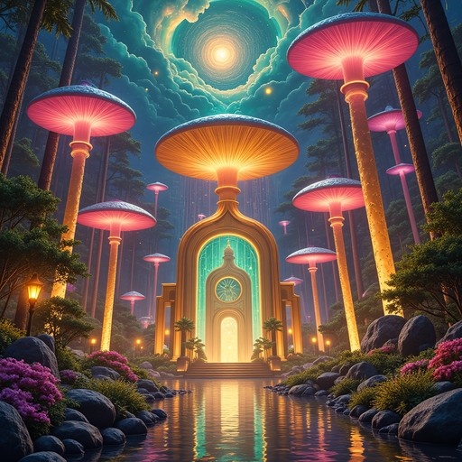 A fantasy landscape featuring giant glowing mushrooms and a golden archway over water.