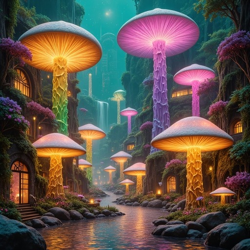 Giant glowing mushrooms illuminate a magical river path lined with mossy stone cottages and a distant waterfall.