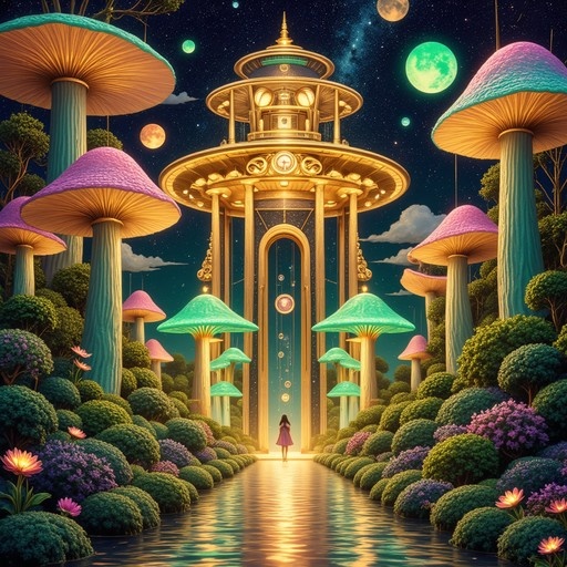 A girl in a pink dress stands on a reflective path facing a large golden pagoda structure surrounded by giant colorful mushrooms under a starry sky with multiple moons.