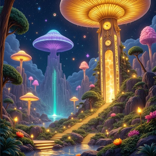 A fantasy illustration of a night scene with giant glowing mushrooms, including one shaped like a clock tower, illuminated stairs, and a starry sky.