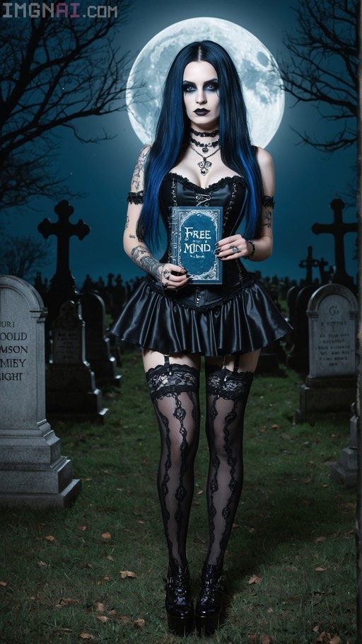A goth woman with long blue hair stands in a graveyard at night holding a book titled Free Your Mind under a full moon.