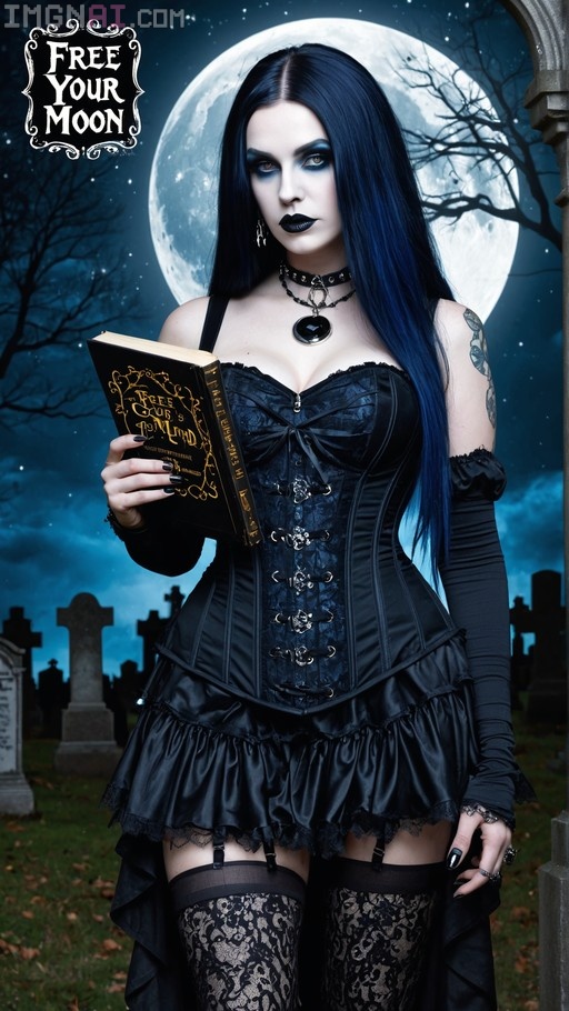 A gothic woman with long dark blue hair and heavy makeup stands in a graveyard at night holding a book titled "Free Your Mind", wearing a black corset dress and lace stockings under a large full moon.