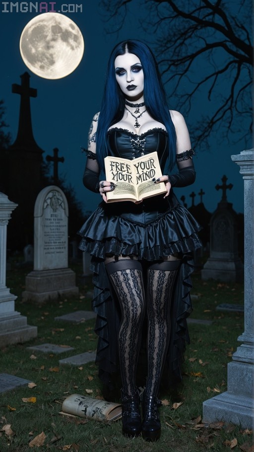 A gothic woman with long blue hair stands in a cemetery at night holding an open book that reads "Free Your Mind" under a large full moon.