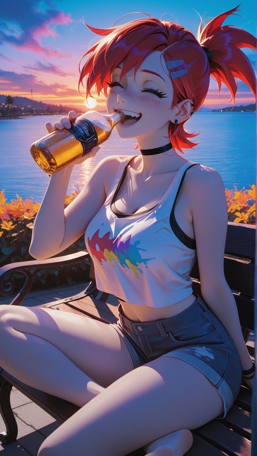 Red-haired anime girl with a high ponytail sitting on a wooden bench and drinking from a bottle during a colorful sunset.