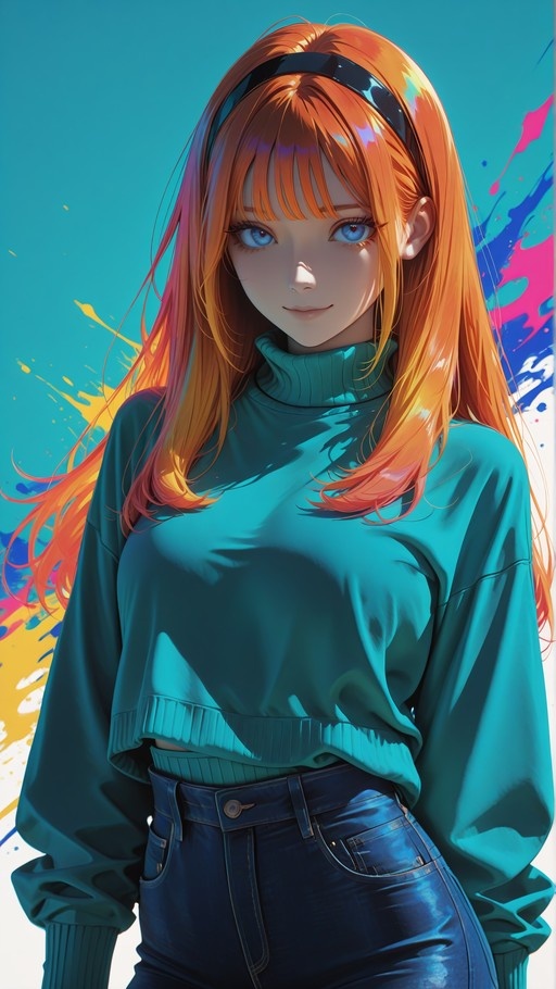 An anime-style illustration of a young woman with long orange hair and blue eyes, wearing a teal turtleneck sweater and jeans against a colorful background.