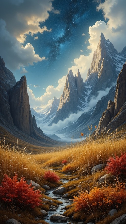 A majestic mountain valley with golden grasses and red bushes in the foreground, leading to jagged peaks under a sky filled with clouds and stars.