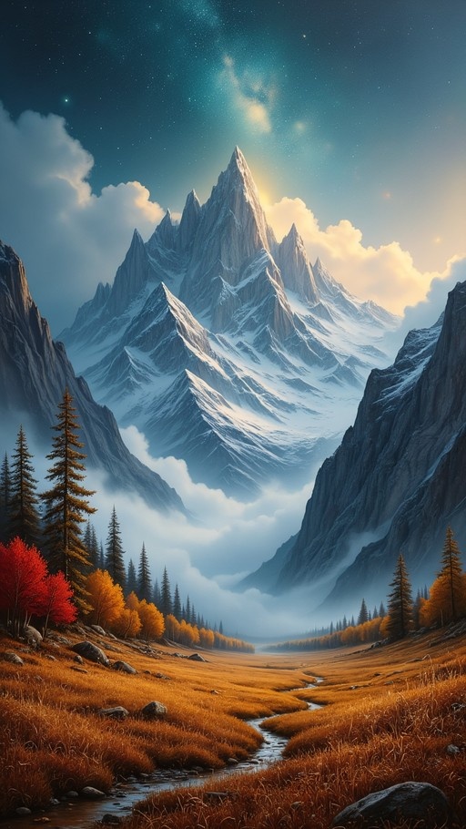 A majestic mountain range with snow-covered peaks rises above a misty valley filled with golden grass and autumn trees under a starry sky.
