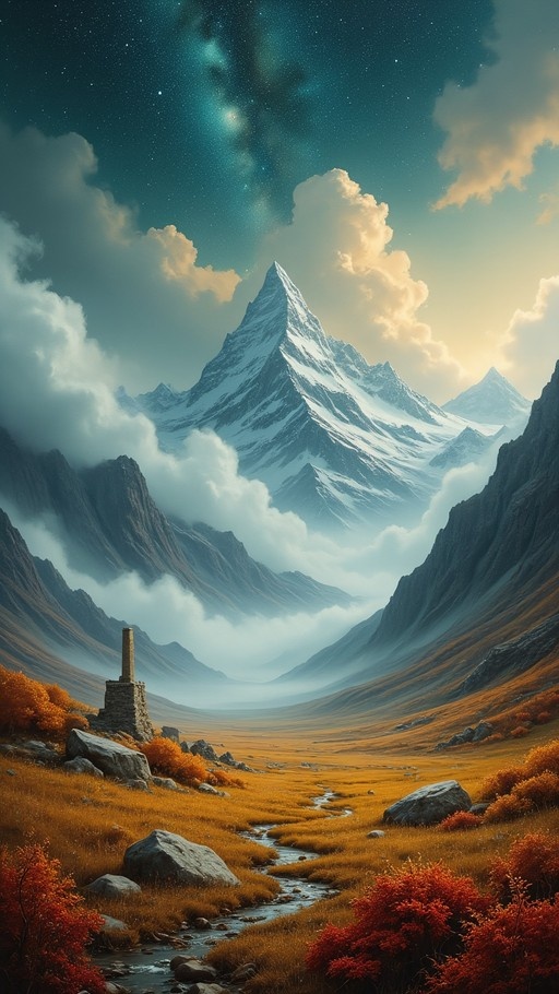 A snowy mountain peak towers over a golden valley with a stream and a stone tower under a starry teal sky.