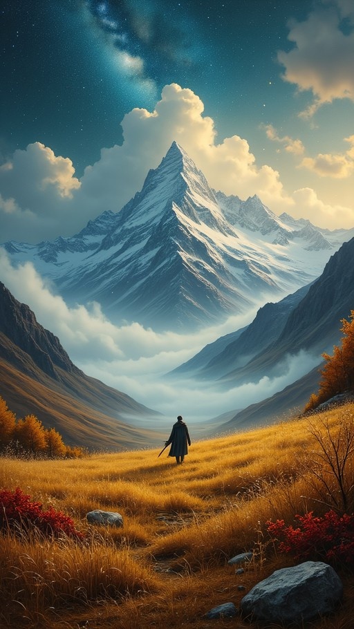 A solitary figure in a dark cloak stands in a field of tall golden grass, facing a massive, sharp snow-covered mountain peak under a dramatic sky filled with clouds and stars.