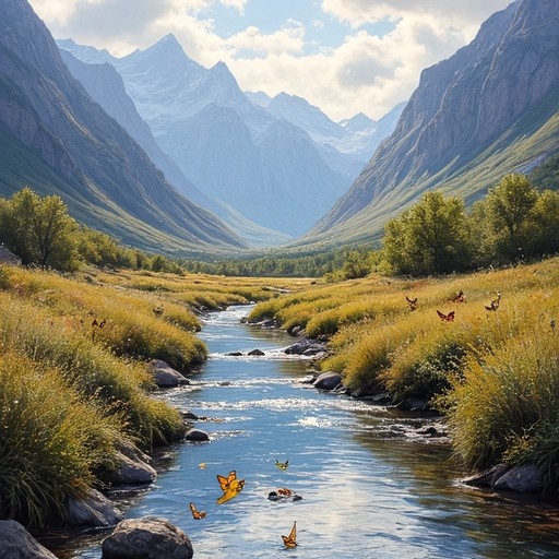 A scenic mountain valley with a river flowing through green fields and orange butterflies flying over the water.