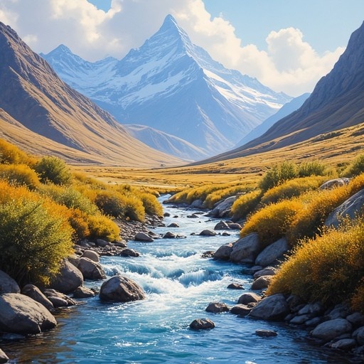 A rushing blue river flows through a rocky valley with golden bushes towards distant snow-covered mountains under a cloudy sky.