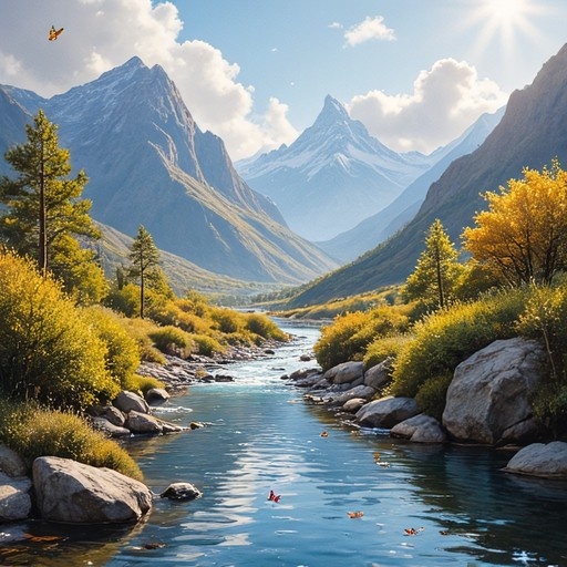 A digital illustration of a mountain valley with a flowing river, rocky banks, yellow and green trees, snow-capped mountains in the background, a bird flying in the blue sky, and leaves floating on the water.