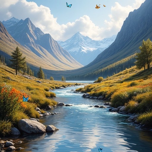 A vibrant digital illustration shows a clear river winding through a grassy mountain valley, flanked by pine trees and orange flowers while colorful butterflies fly near the water's surface against a backdrop of snow-capped peaks.