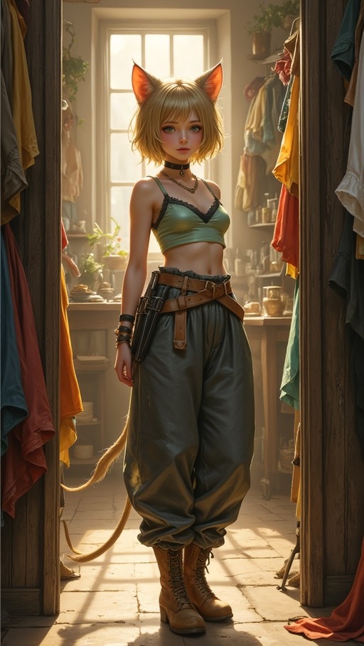 A full-body illustration of a blonde cat-girl with green eyes standing in a sunlit doorway, wearing a green crop top and brown boots.