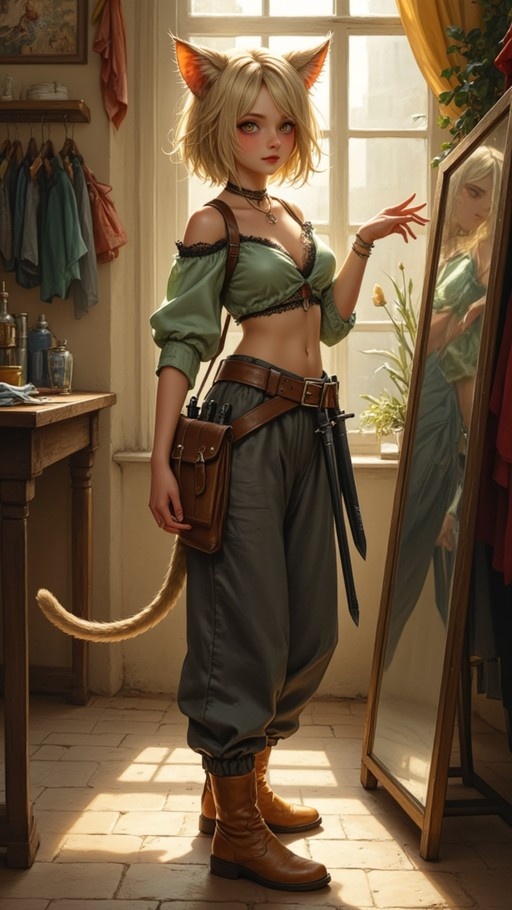A full-body digital illustration of a blonde cat-girl with golden eyes wearing a green crop top and loose pants, standing next to a mirror in a sunlit room.