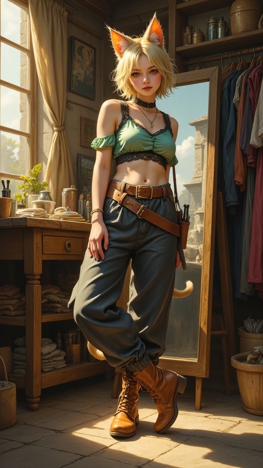 Full-body portrait of a blonde fantasy character with orange-tipped cat ears and a tail, wearing a green crop top, dark pants, and brown boots, standing near a mirror reflecting an outdoor scene.