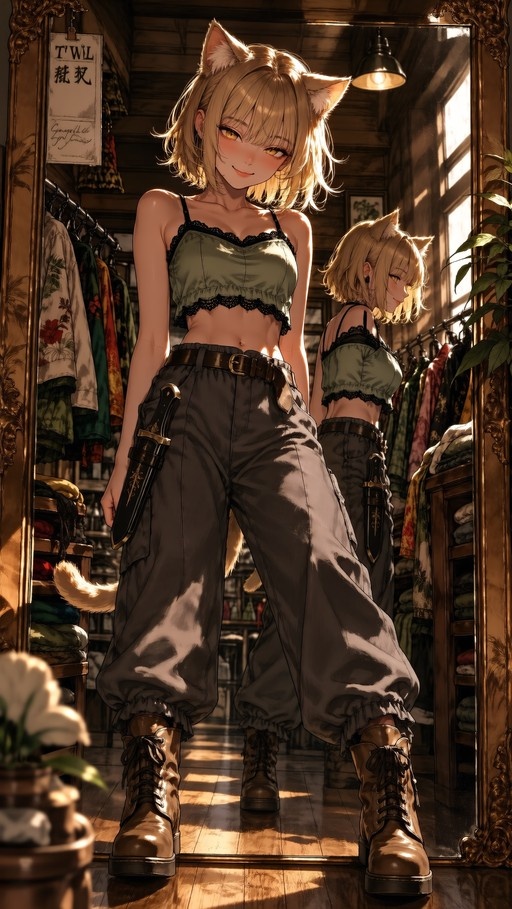 Blonde anime catgirl in green crop top and cargo pants stands before a gold mirror holding a sheathed knife.