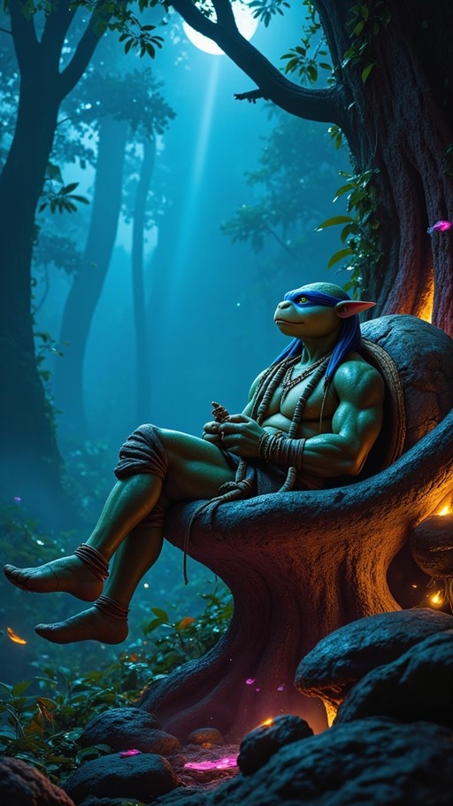 A muscular green-skinned anthropomorphic turtle with a blue mask and shell sits on a tree branch in a misty forest at night, illuminated by moonlight and fireflies.