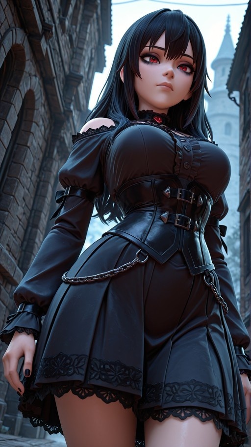 A low-angle digital illustration of a young woman with long black hair and red eyes wearing a black gothic dress with a corset and lace trim in an outdoor stone setting.