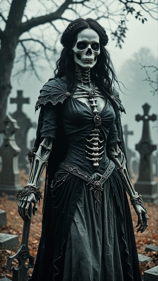 A tall female skeleton with long dark hair stands in a foggy cemetery, wearing a black gothic dress adorned with rib bones and holding an ornate sword.