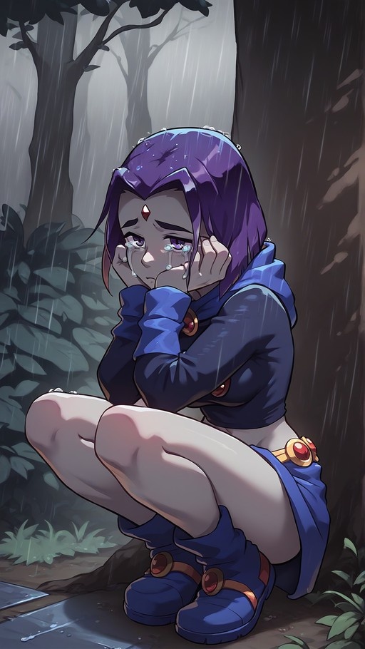 Raven from Teen Titans crouching in the rain with tears on her face.