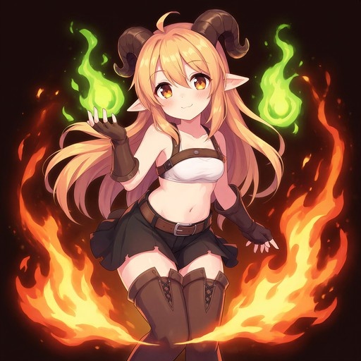 A smiling blonde anime girl with pointed ears and curved horns casts fire magic, wearing a white bandeau top, black skirt, and thigh-high boots while surrounded by swirling orange flames and floating green spirits.