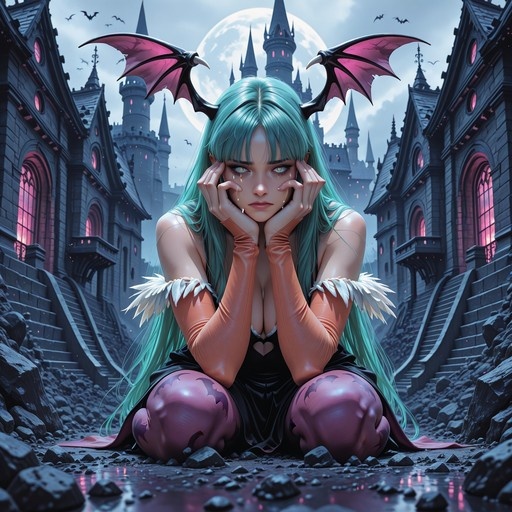 Morrigan Aensland from Darkstalkers squatting and crying with tears on her face, wearing a black dress and orange gloves, in front of a dark castle under a full moon.