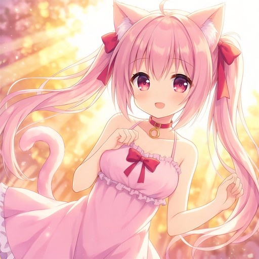 Anime-style catgirl with long pink hair in twintails, wearing a pink frilled dress and red bow, smiling in bright sunlight.