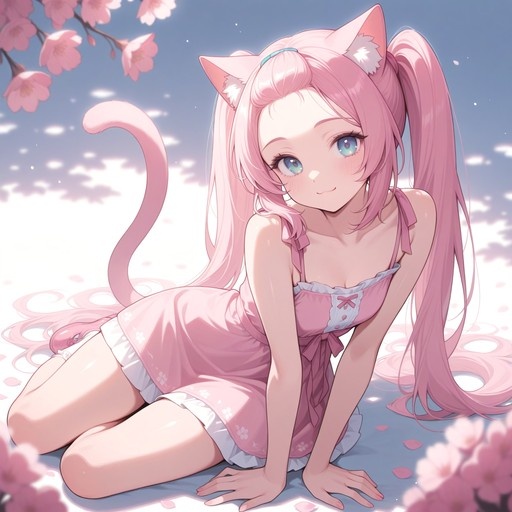 Pink-haired anime catgirl in a pink dress sitting among cherry blossoms.