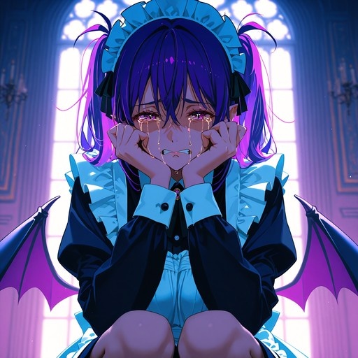 Anime-style illustration of a crying purple-haired girl in a maid outfit with demon wings, holding her face.