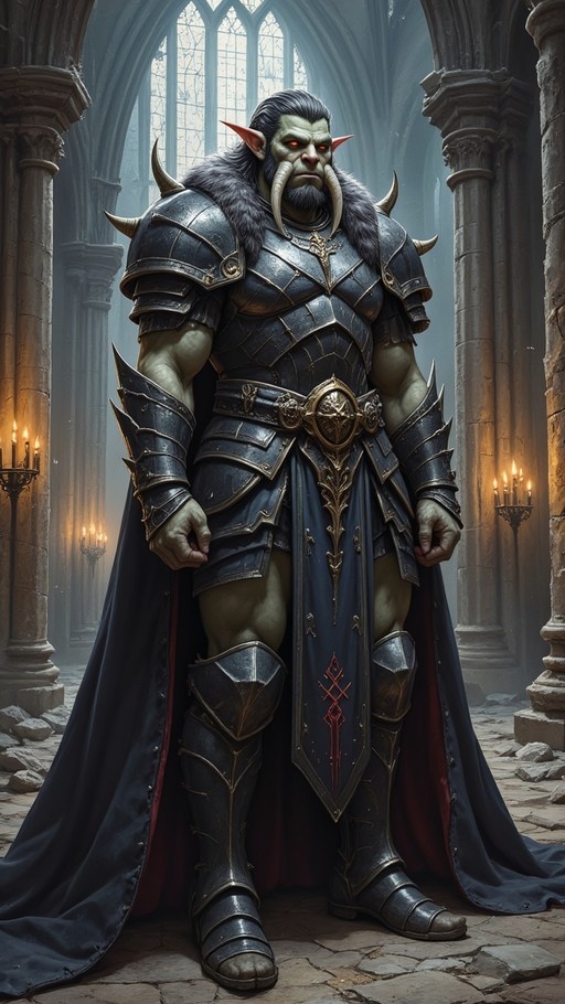 A muscular green-skinned orc with large tusks and pointed ears stands in a stone hall wearing heavy black plate armor with gold trim and a fur-lined cape.
