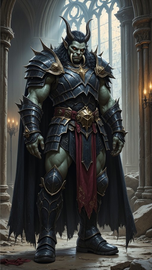 A full-body illustration of a muscular green-skinned orc with large curved horns and tusks, wearing detailed black plate armor with gold trim and a dark cape, standing in a ruined stone hall with tall arched windows.