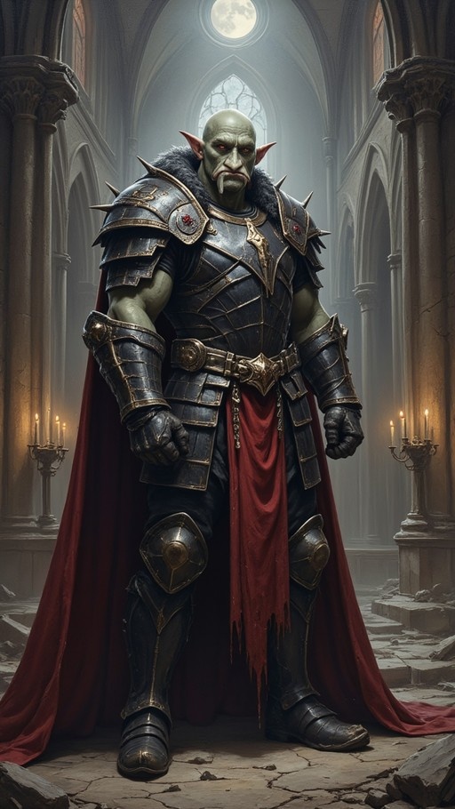 A muscular green-skinned orc warrior in spiked black plate armor and a red cape stands in a stone hall with candles and a moonlit window.