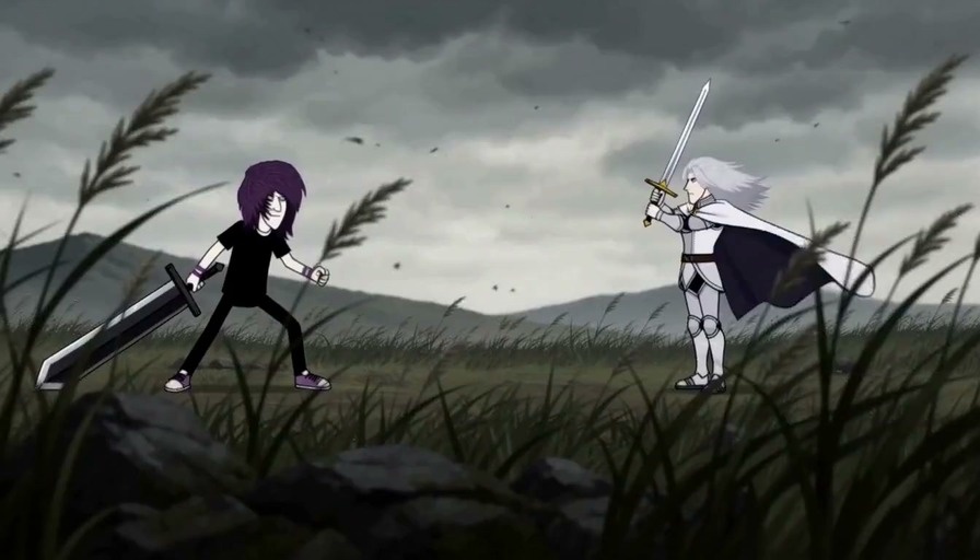 Two animated characters, one with purple hair and a large sword facing a white-haired knight in armor, clash blades on a grassy hill under a cloudy sky.