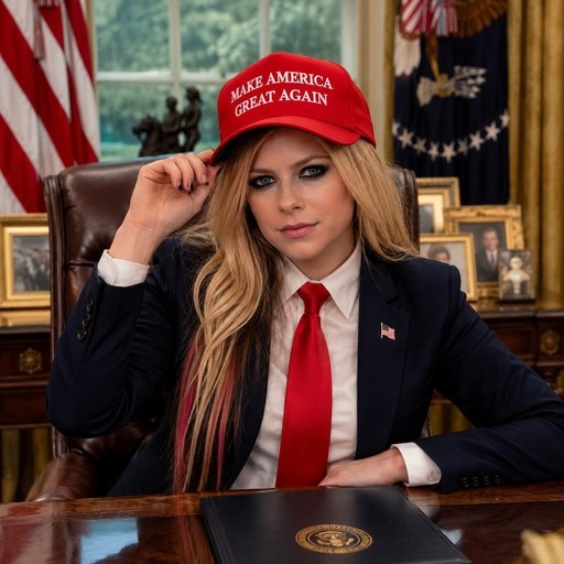 Avril Lavigne sitting at a desk in the Oval Office wearing a suit and a red Make America Great Again hat.