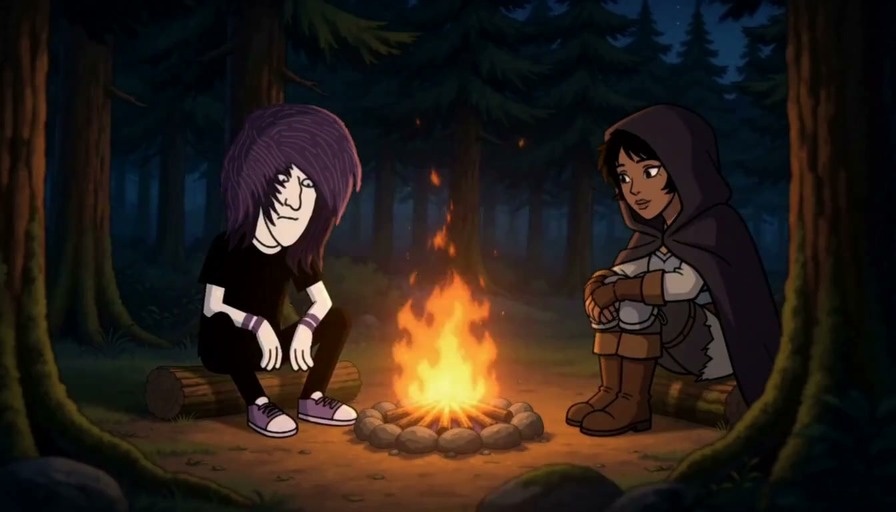 Two animated characters sitting on logs across from a crackling campfire in a dark forest at night.