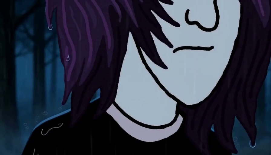 A close-up of Emonad with messy purple hair and pale skin as a red glowing brand appears on his neck during a rainy night.