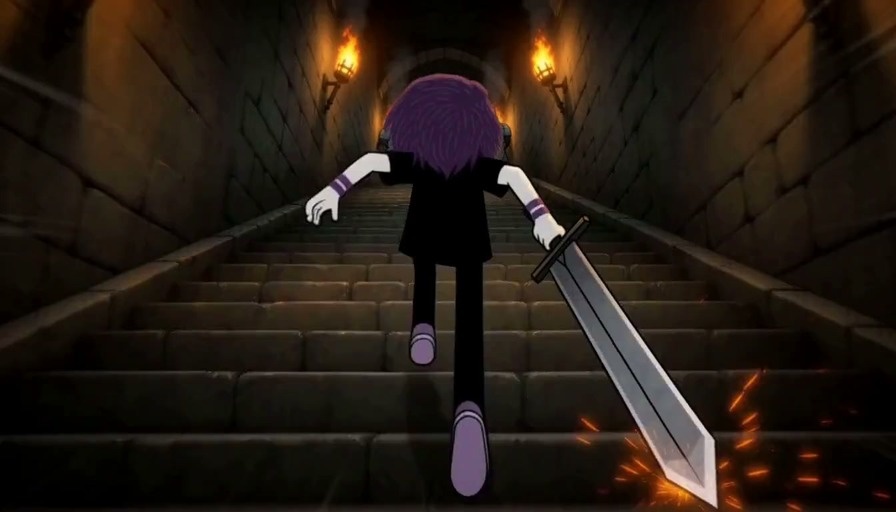 A purple-haired character in black clothing runs up a stone staircase carrying a large sword and fights armored guards in a torch-lit corridor.