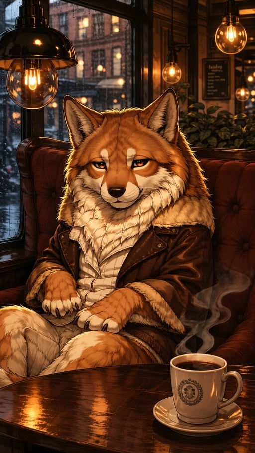 An anthropomorphic orange fox wearing a brown leather jacket sits in a plush cafe booth, gazing forward while a steaming cup of coffee rests on the wooden table.
