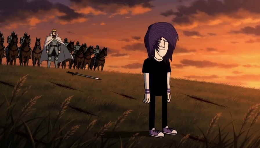An anime-style scene showing a purple-haired character walking away from a blonde knight in armor and an army of horseback riders into a sunset.