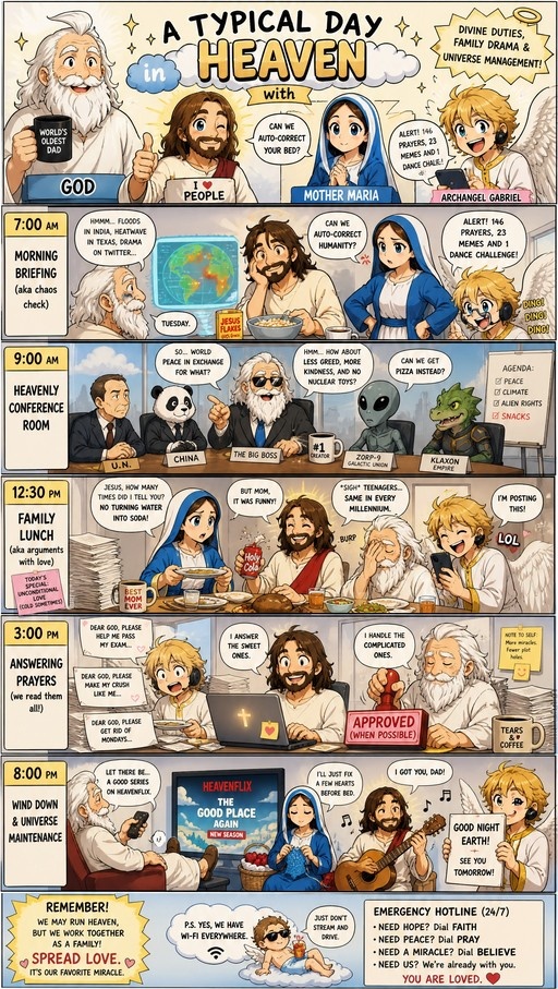 A multi-panel comic strip titled 'A Typical Day in Heaven' featuring God, Jesus, Mother Mary, and Archangel Gabriel. Scenes include a morning briefing with cereal, a conference room meeting with a panda and aliens, a family lunch argument, answering prayers via laptop and stamp, and an evening of TV