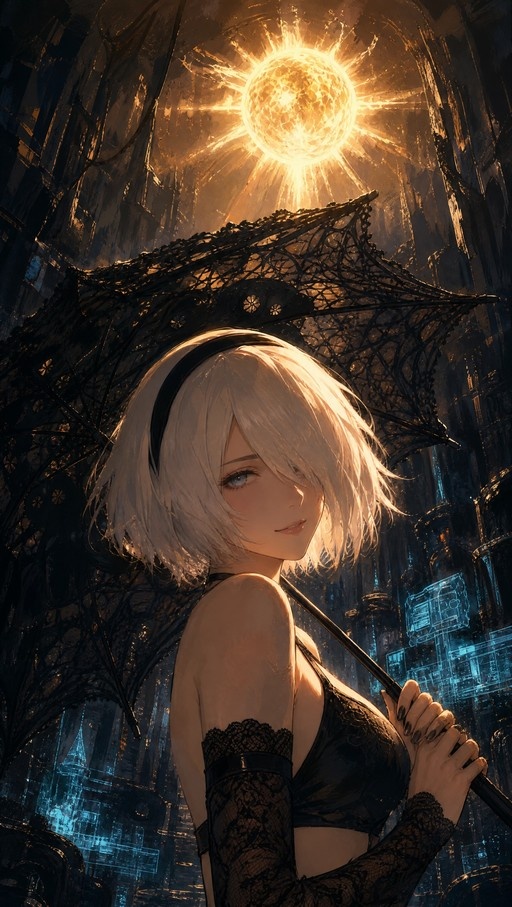 2B from Nier: Automata with short white hair and blue eyes holding a black lace umbrella under a glowing sun-like orb.