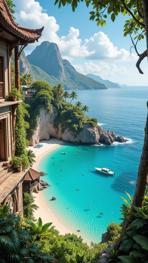 A high-angle view of a tropical bay with turquoise water and white sand, framed by lush greenery and a building with traditional roofing on the left.