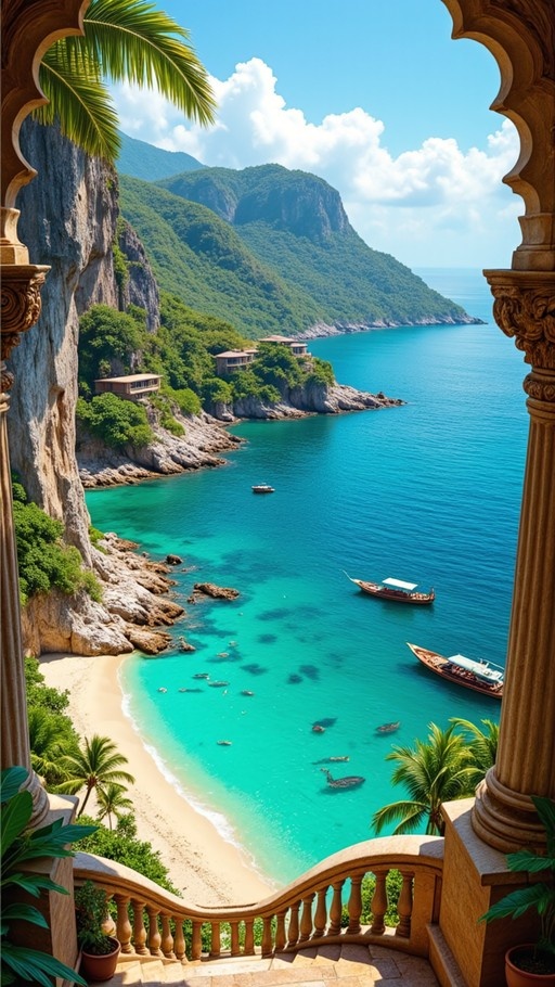 A scenic view of a turquoise tropical bay with long-tail boats and lush mountains, framed by ornate stone columns and palm leaves.