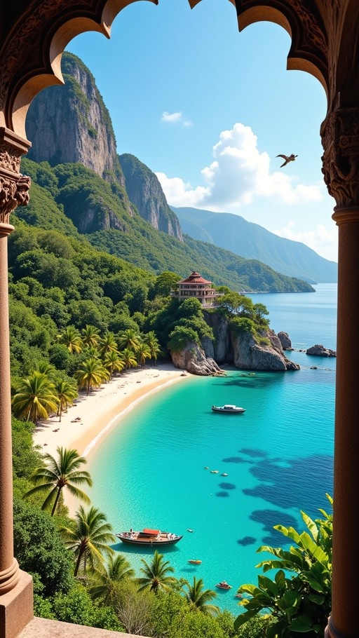 A scenic view of a tropical bay with turquoise water, white sand, and palm trees framed by an ornate stone archway.
