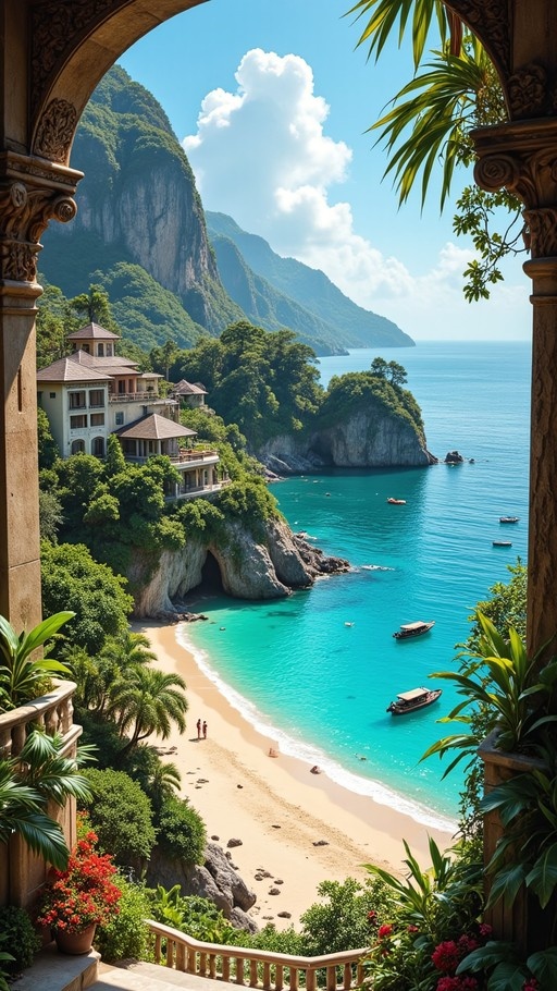 A view of a tropical beach cove with turquoise water and boats, seen through an ornate stone archway with potted plants.