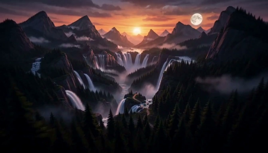 A purple-skinned elf warrior with white hair and a bow stands on a cliff overlooking waterfalls as a large bird flies to her and lands on her arm.